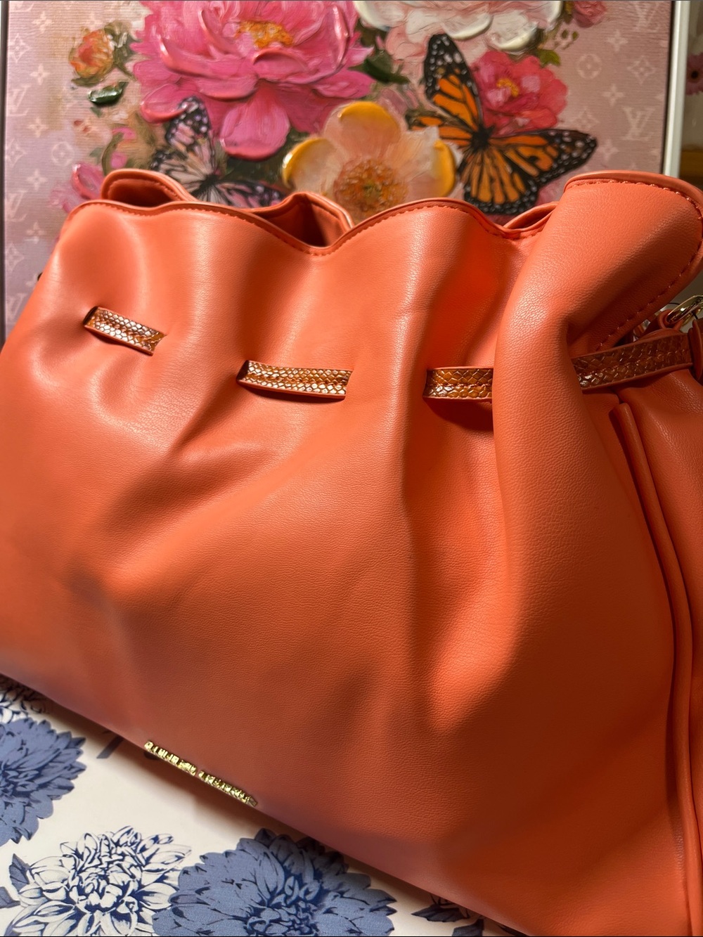 Badgley Mischka Coral-Orange Vegan Leather Shoulder /Crossbody w snake skin trim - Picture 2 of 16